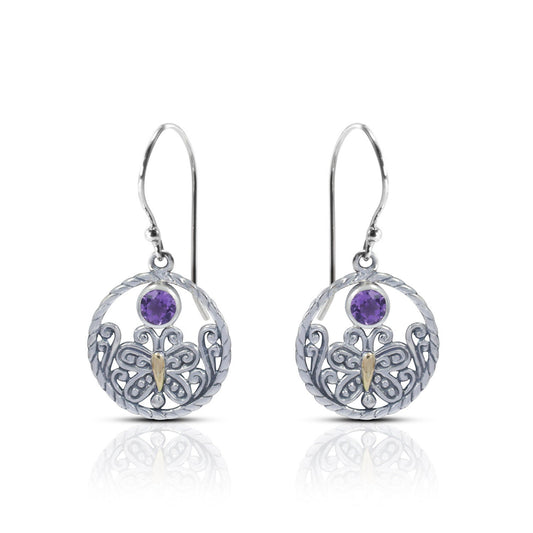 butterfly earrings 925 sterling silver with 18K yellow gold and genuine amethyst decorated with open work filigree