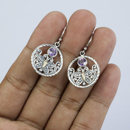 butterfly earrings 925 sterling silver with 18K yellow gold and genuine amethyst decorated with open work filigree