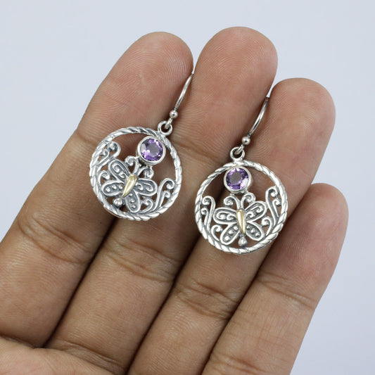 butterfly earrings 925 sterling silver with 18K yellow gold and genuine amethyst decorated with open work filigree