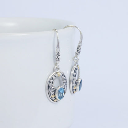 genuine blue topaz earrings dangle drop 925 sterling silver with 18K yellow gold and open work filigree ornament