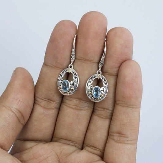 genuine blue topaz earrings dangle drop 925 sterling silver with 18K yellow gold and open work filigree ornament