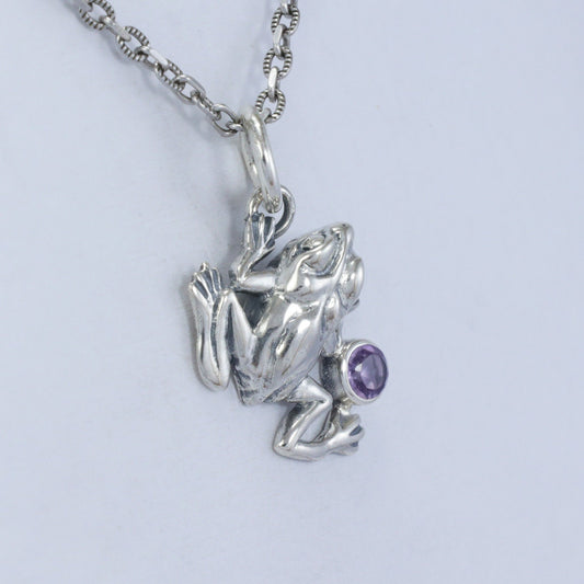 silver frog pendant necklace 925 sterling silver with genuine amethyst