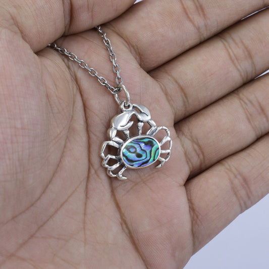 crab pendant necklace 925 sterling silver with genuine abalone shell