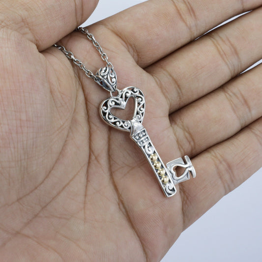 silver key pendant necklace 925 sterling silver and 18 K yellow gold decorated with filigree ornament