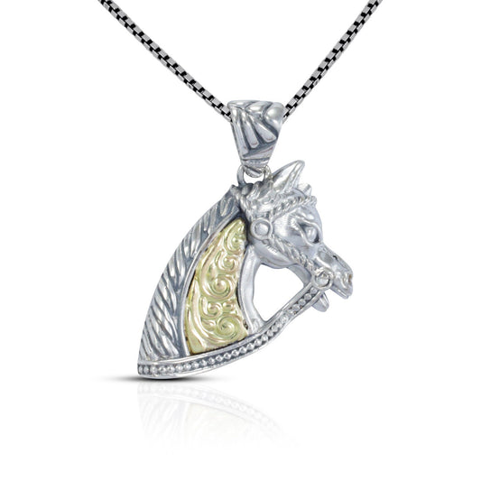 Horse head pendant necklace 925 sterling silver and 18K yellow gold