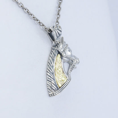 Horse head pendant necklace 925 sterling silver and 18K yellow gold