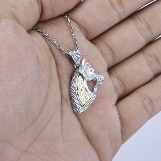 Horse head pendant necklace 925 sterling silver and 18K yellow gold