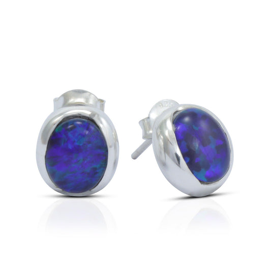 blue opal stud earrings set in 925 sterling silver 8*10 mm oval shape