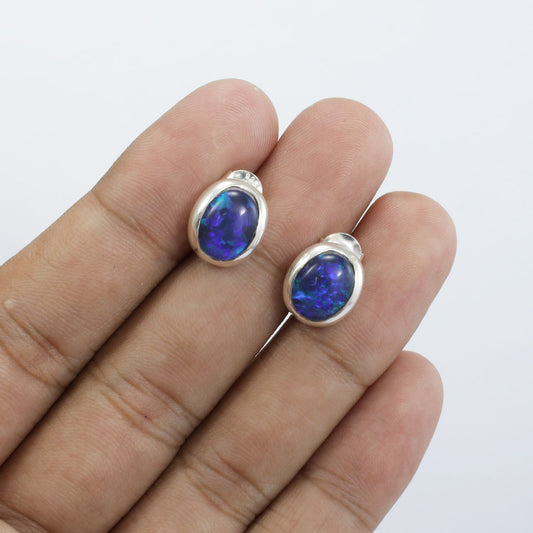 blue opal stud earrings set in 925 sterling silver 8*10 mm oval shape