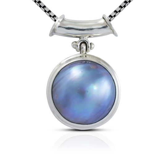 round blue mabe pendant necklace 925 sterling silver with double bezel set