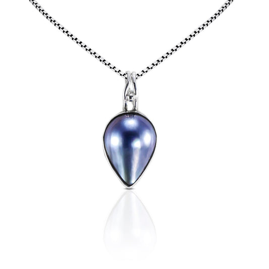 Blue mabe pearl pendant necklace set in 925 sterling silver, teardrop mabe pendant