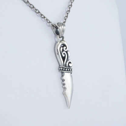 silver knife pendant necklace 925 sterling silver decorated with swirl filigree ornament