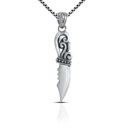silver knife pendant necklace 925 sterling silver decorated with swirl filigree ornament