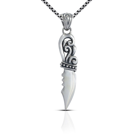 silver knife pendant necklace 925 sterling silver decorated with swirl filigree ornament