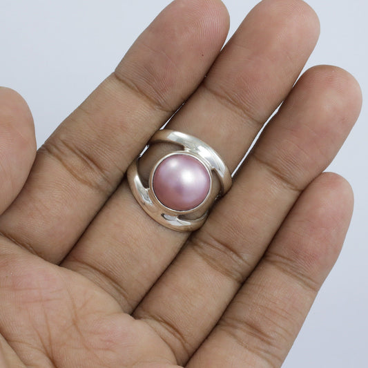 pink pearl ring 925 sterling silver with split shank ring and bezel set