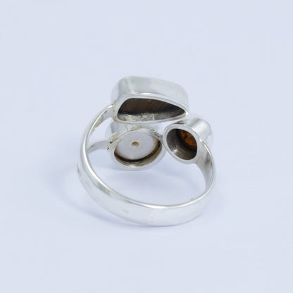 Multi stone ring 925 sterling silver with genuine fire opal, freshwater pearl and natural tourmaline