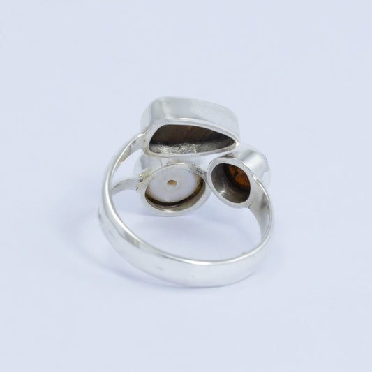 Multi stone ring 925 sterling silver with genuine fire opal, freshwater pearl and natural tourmaline