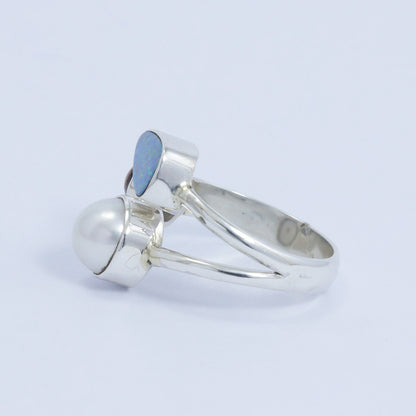 Multi stone ring 925 sterling silver with genuine fire opal, freshwater pearl and natural tourmaline