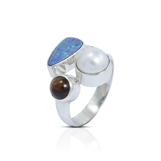 Multi stone ring 925 sterling silver with genuine fire opal, freshwater pearl and natural tourmaline