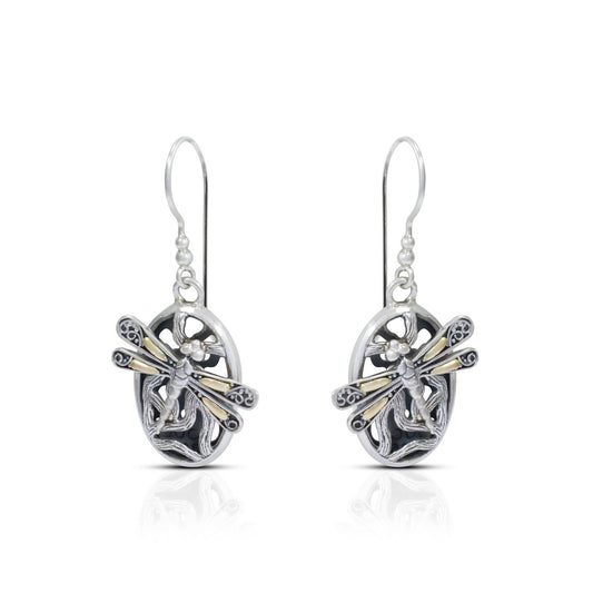 Two tone earrings 925 sterling silver and 18K yellow gold with dragonfly ornament