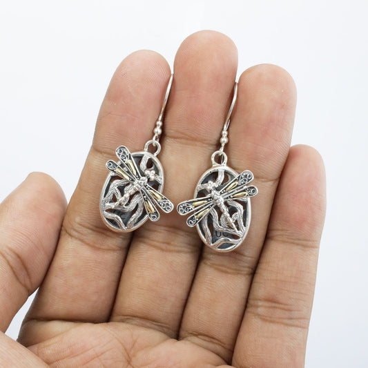 Two tone earrings 925 sterling silver and 18K yellow gold with dragonfly ornament