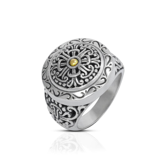 Round ring 925 sterling silver and 18K yellow gold with flower ornament and open work filigree