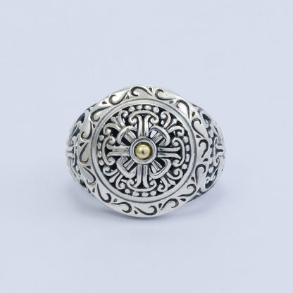 Round ring 925 sterling silver and 18K yellow gold with flower ornament and open work filigree