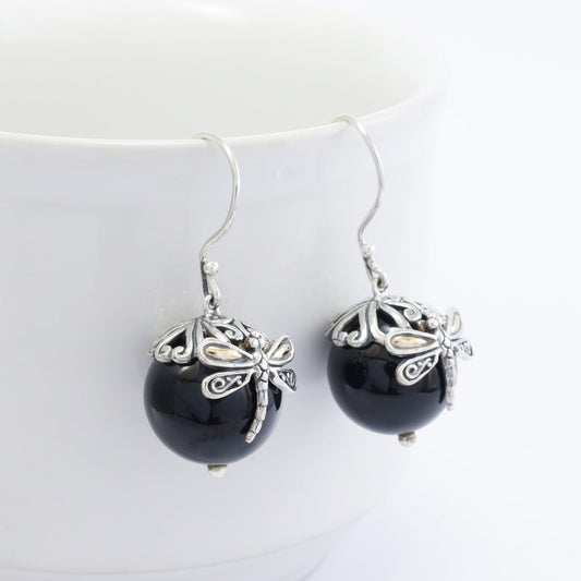 round onyx earrings 925 sterling silver and 18K yellow gold dragonfly ornament