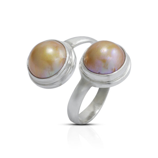 Golden mabe pearl ring 925 sterling silver bypass style with bezel set and high polish