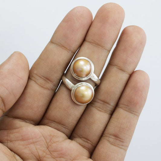 Golden mabe pearl ring 925 sterling silver bypass style with bezel set and high polish