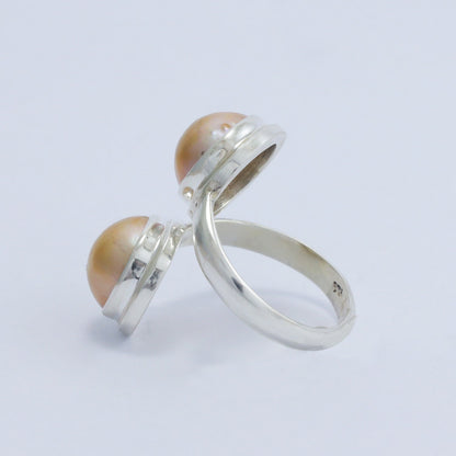 Golden mabe pearl ring 925 sterling silver bypass style with bezel set and high polish