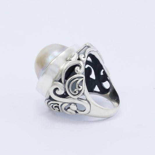 large blister mabe pearl ring 925 sterling silver decorated with swirl filigree ornament