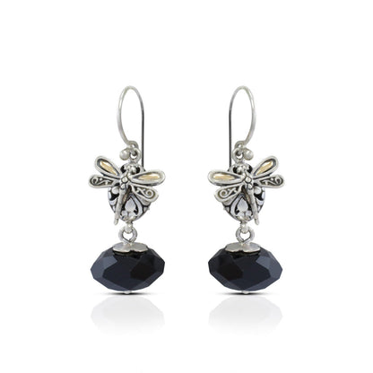 drop onyx earrings 925 sterling silver and 18K yellow gold with dragonfly ornament