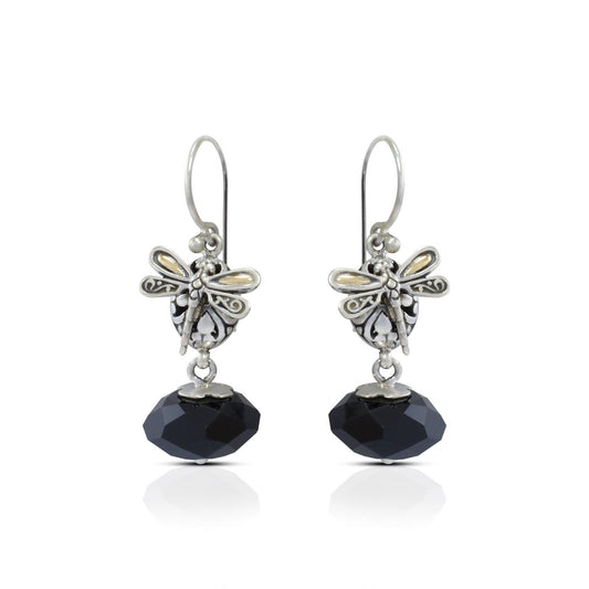 drop onyx earrings 925 sterling silver and 18K yellow gold with dragonfly ornament