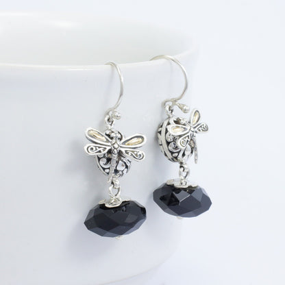 drop onyx earrings 925 sterling silver and 18K yellow gold with dragonfly ornament