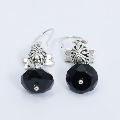 drop onyx earrings 925 sterling silver and 18K yellow gold with dragonfly ornament