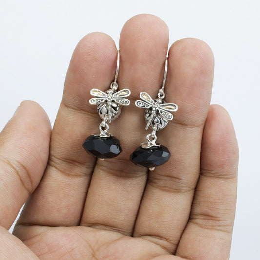drop onyx earrings 925 sterling silver and 18K yellow gold with dragonfly ornament