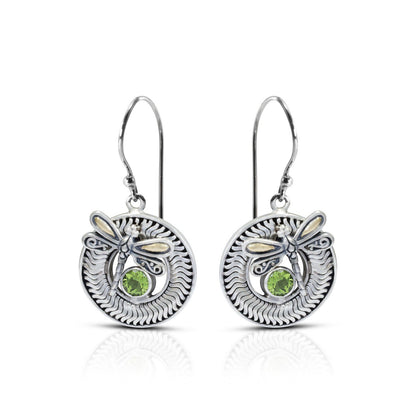 green peridot earrings 925 sterling silver and 18K yellow gold decorated with dragonfly ornament