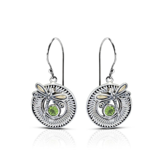 green peridot earrings 925 sterling silver and 18K yellow gold decorated with dragonfly ornament