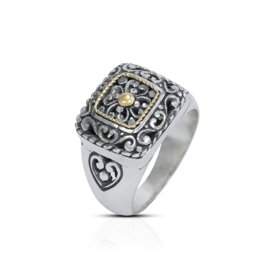 square signet ring 925 sterling silver and 18K yellow gold decorated with beautiful filigree ornament