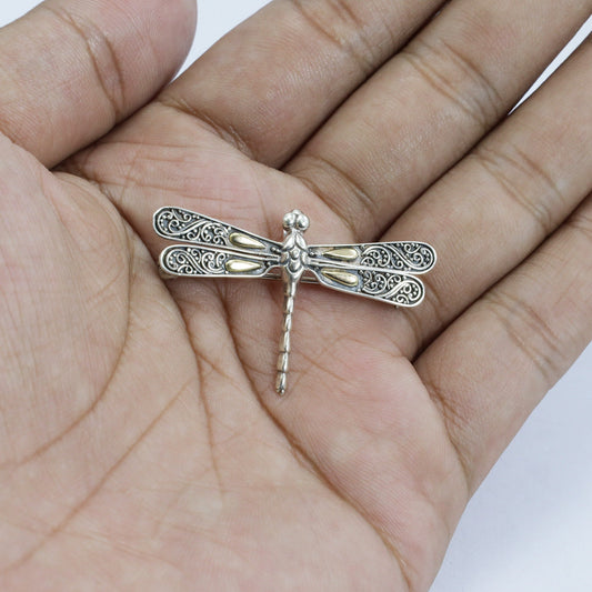 Dragonfly pendant and brooch 925 sterling silver with 18K yellow gold decorated with swirl filigree ornament