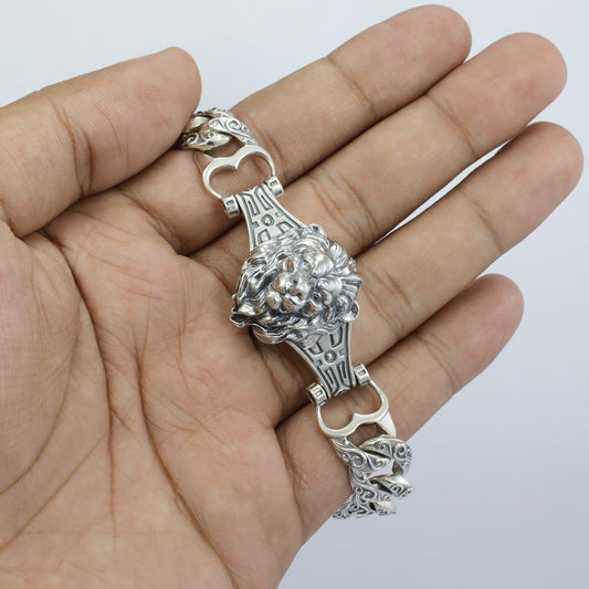men's Bracelet 925 sterling silver lion king and tribal ornament with safety slide lock