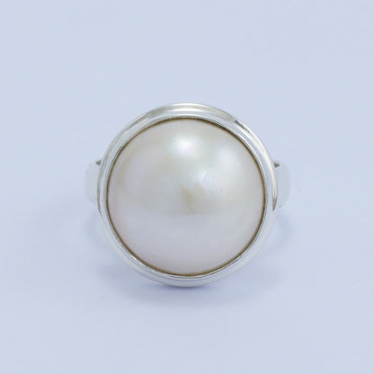 white mabe pearl ring 925 sterling silver double bezel set with high polish finishing