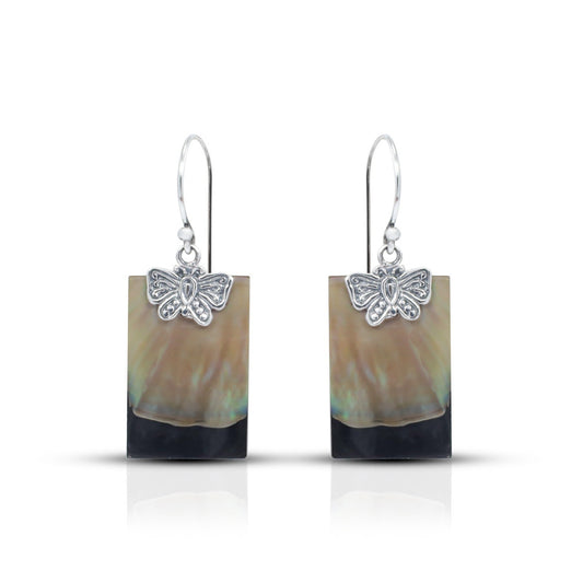 butterfly earrings 925 sterling silver with black and brown shell