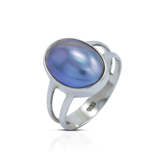 oval blue pearl ring 925 sterling silver split shank ring and high polish finishing