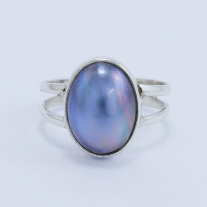 oval blue pearl ring 925 sterling silver split shank ring and high polish finishing