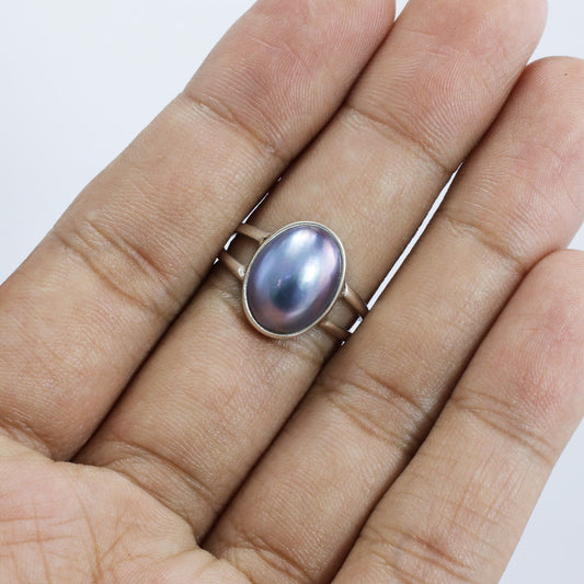 oval blue pearl ring 925 sterling silver split shank ring and high polish finishing