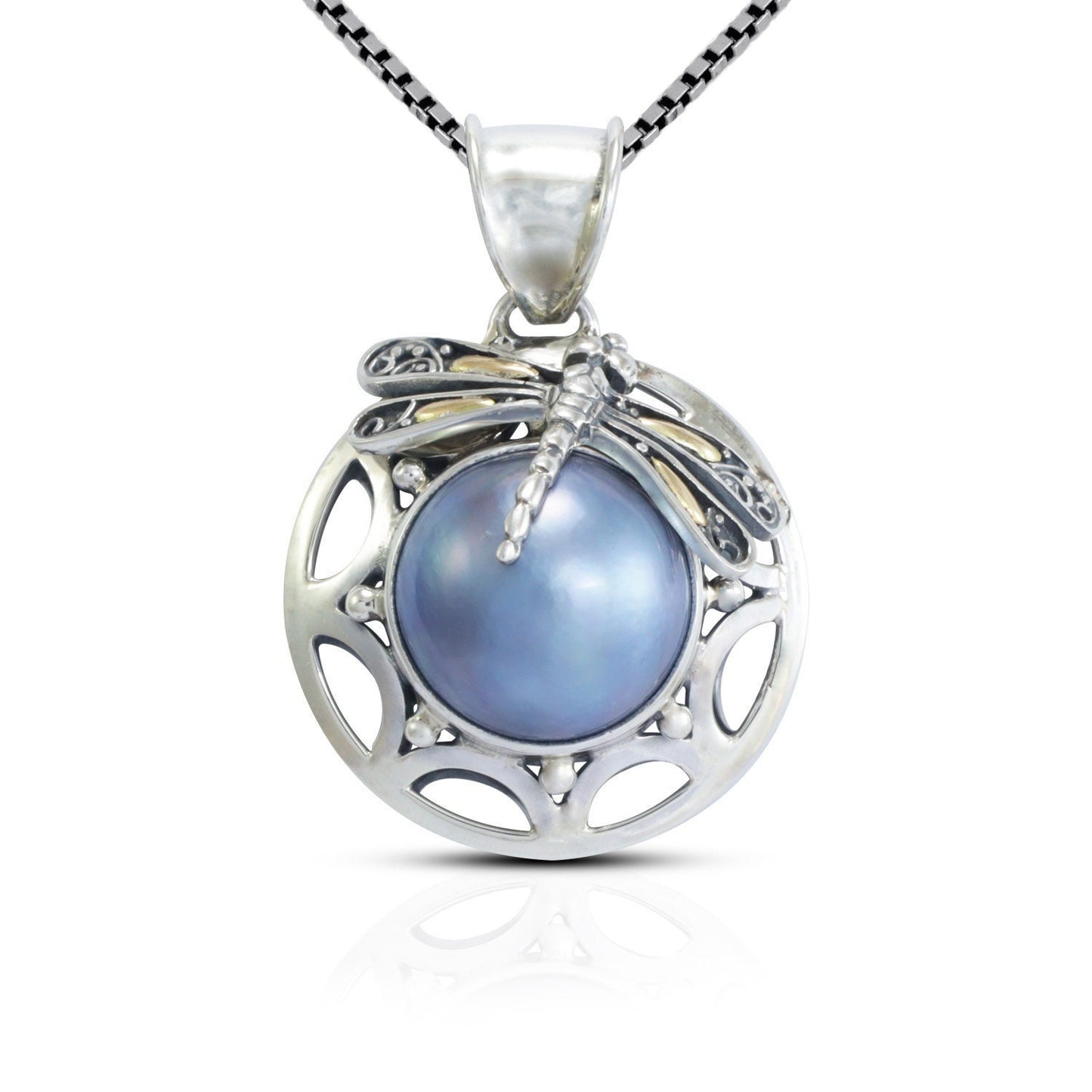 blue mabe pearl pendant 925 sterling silver decorated with dragonfly and 18K yellow gold ornament