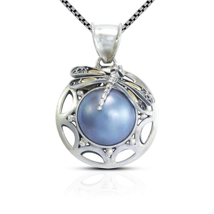 blue mabe pearl pendant 925 sterling silver decorated with dragonfly and 18K yellow gold ornament
