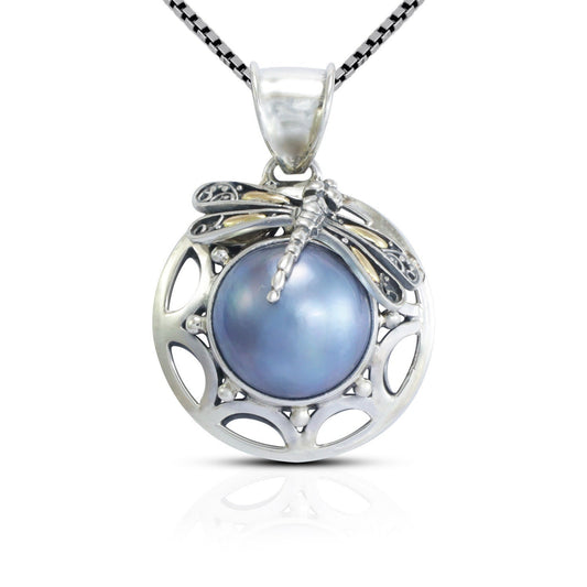 blue mabe pearl pendant 925 sterling silver decorated with dragonfly and 18K yellow gold ornament